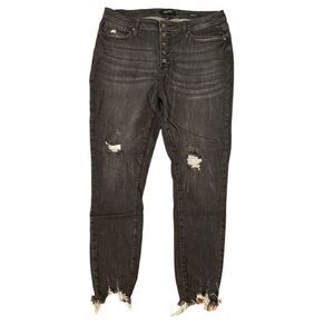 NEW Judy Blue Skinny Jeans Button Fly Distressed Chewed Hem Black Size 15/32